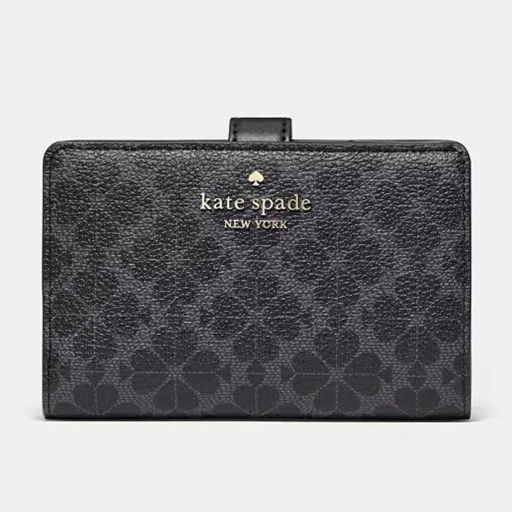 New Kate Spade Compact Bifold Wallet Black Signature Spade Flower pattern - Picture 1 of 3